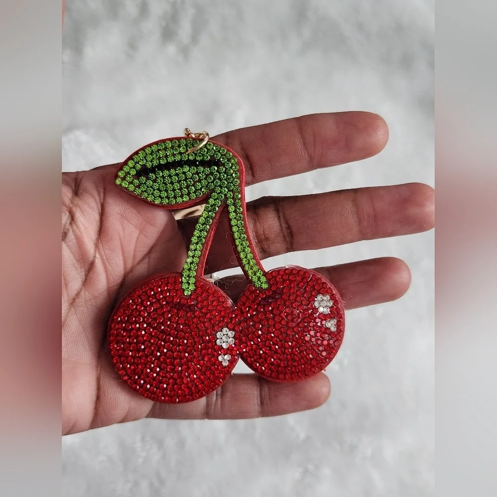 Cherry Keychain with Red and Green Rhinestones Beautiful Bag Charm